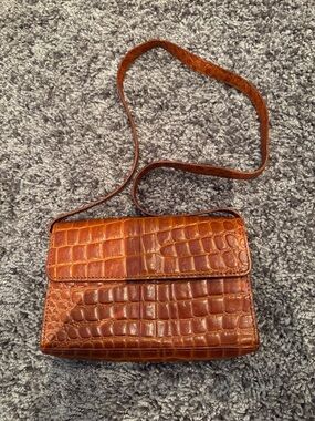DKNY Croc-Embossed Leather micro Bag in Cognac Brown